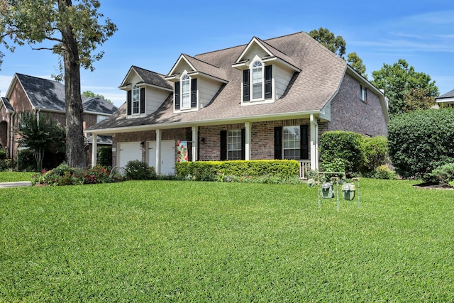 31322 Capella Cir, Tomball, TX 77375 - new england style home featuring brick siding, covered porch, a front lawn, and a shingled roof
