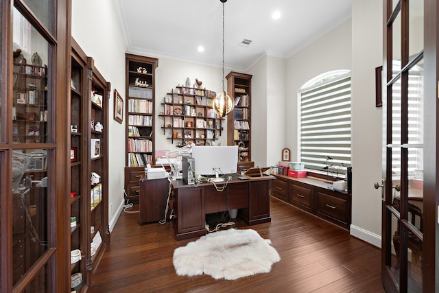 9761 Westview Dr, Houston, TX 77055 - office with dark wood-style flooring, ornamental molding, and recessed lighting