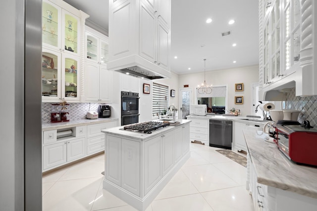 9761 Westview Dr, Houston, TX 77055 - kitchen with dishwashing machine, stainless steel gas stovetop, decorative backsplash, ornamental molding, and white cabinetry