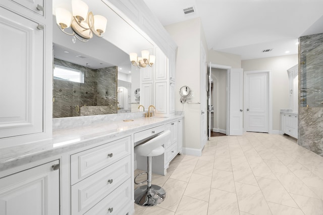 9761 Westview Dr, Houston, TX 77055 - full bathroom with vanity, a chandelier, a walk in shower, and marble finish floors