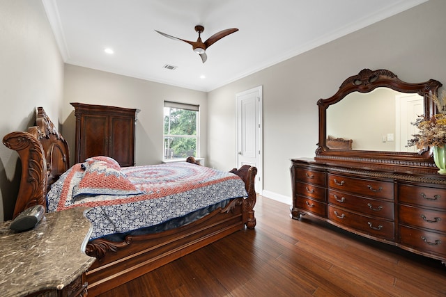 9761 Westview Dr, Houston, TX 77055 - bedroom with dark wood finished floors, ornamental molding, a ceiling fan, and recessed lighting
