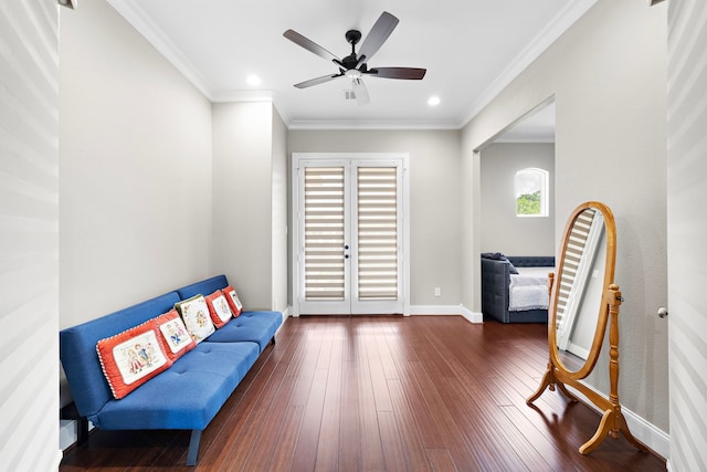 9761 Westview Dr, Houston, TX 77055 - living area with wood finished floors, french doors, a ceiling fan, recessed lighting, and ornamental molding