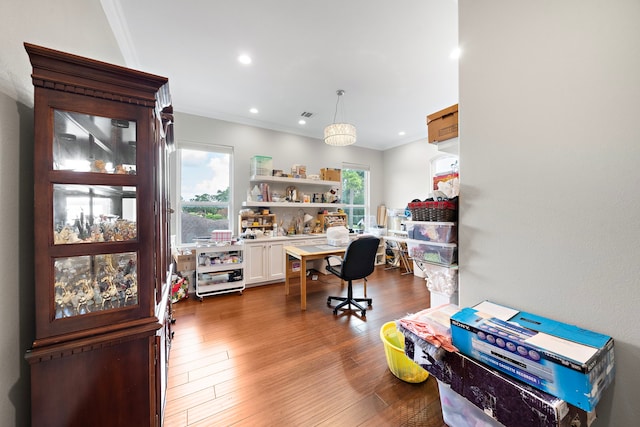 9761 Westview Dr, Houston, TX 77055 - office area with recessed lighting, dark wood-style flooring, and ornamental molding