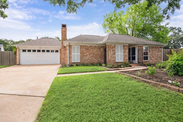 2902 Triway Ln, Houston, TX 77043 - ranch-style home with concrete driveway, a chimney, an attached garage, and brick siding