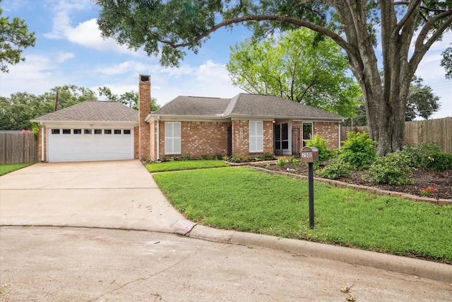 2902 Triway Ln, Houston, TX 77043 - ranch-style home featuring concrete driveway, brick siding, a chimney, an attached garage, and a shingled roof