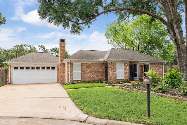 2902 Triway Ln, Houston, TX 77043 - ranch-style home with a chimney, concrete driveway, brick siding, an attached garage, and roof with shingles