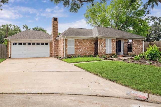 2902 Triway Ln, Houston, TX 77043 - single story home with a chimney, driveway, brick siding, a garage, and a shingled roof
