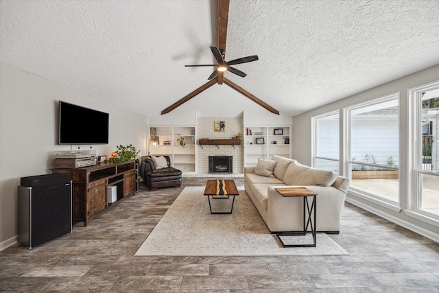 2902 Triway Ln, Houston, TX 77043 - living room featuring a textured ceiling, a ceiling fan, and a brick fireplace