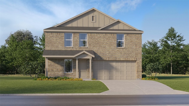 253 Douglas Hills Dr, Magnolia, TX 77354 - craftsman house with a garage, brick siding, driveway, a front lawn, and board and batten siding