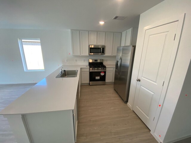 253 Douglas Hills Dr, Magnolia, TX 77354 - kitchen featuring stainless steel appliances, light wood-style flooring, a peninsula, light countertops, and recessed lighting