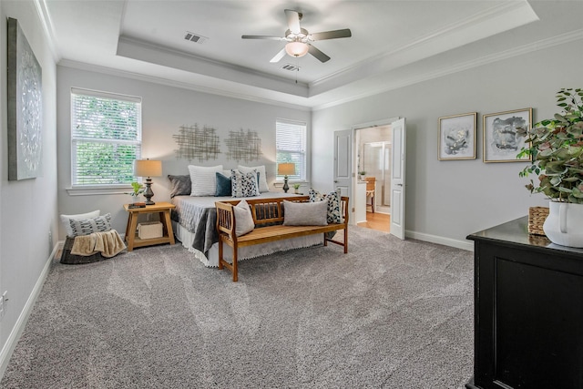 9868 Albert Dr, Iola, TX 77861 - bedroom featuring a raised ceiling, multiple windows, carpet flooring, crown molding, and ceiling fan
