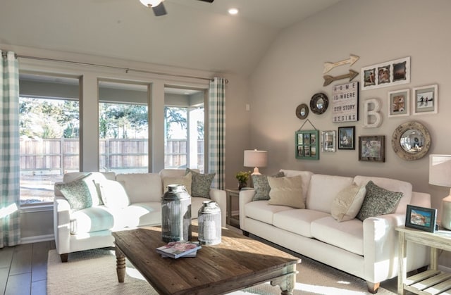 5631 Pearl Vista Dr, Katy, TX 77493 - living room with plenty of natural light, ceiling fan, lofted ceiling, and wood finished floors