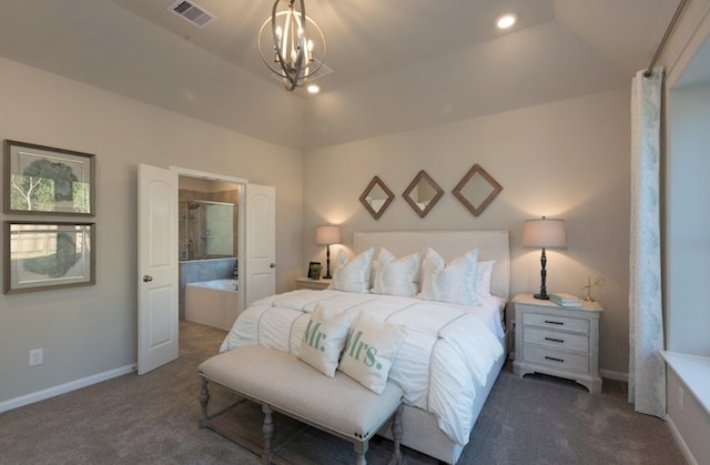 5631 Pearl Vista Dr, Katy, TX 77493 - carpeted bedroom featuring a chandelier, lofted ceiling, connected bathroom, and recessed lighting