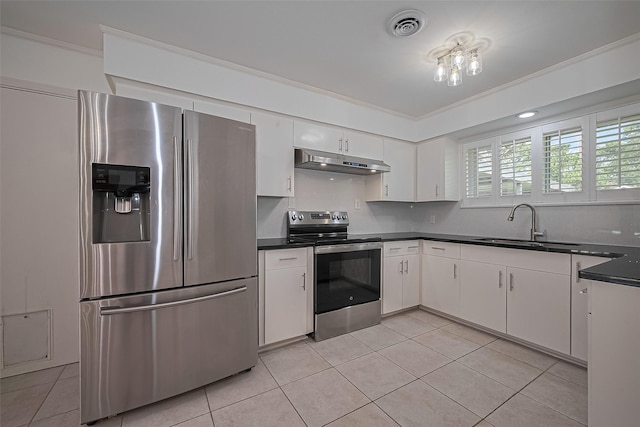 5049 De Milo Dr, Houston, TX 77092 - kitchen with appliances with stainless steel finishes, under cabinet range hood, dark countertops, light tile patterned floors, and crown molding