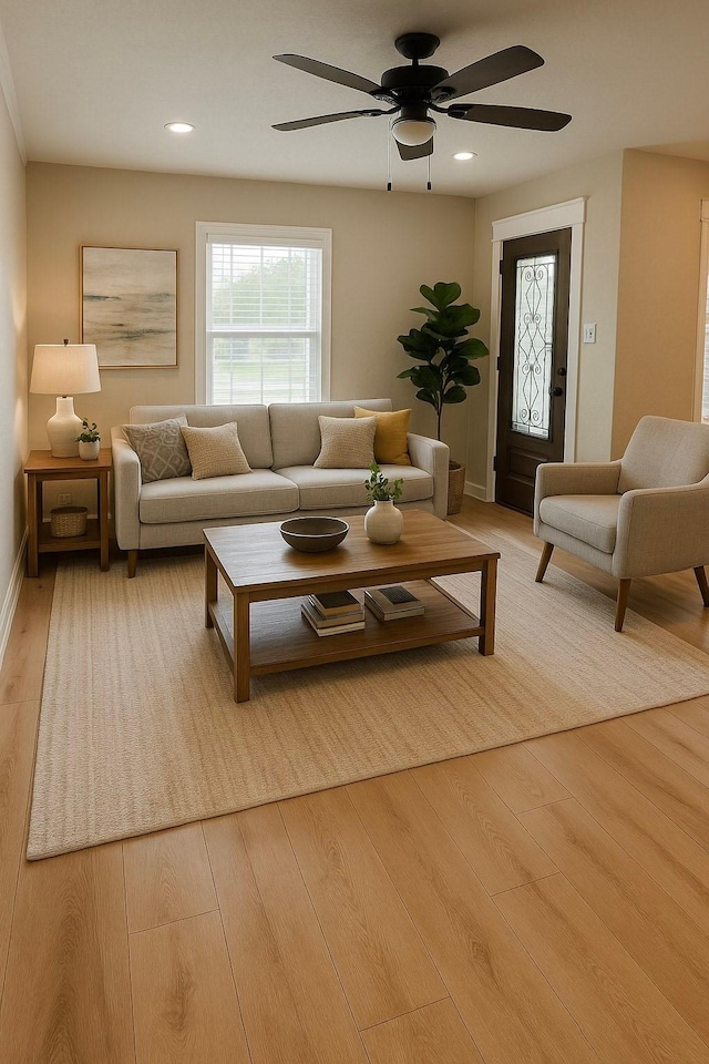 4521 Kingsbury St, Houston, TX 77021 - living room featuring a ceiling fan, wood finished floors, and recessed lighting