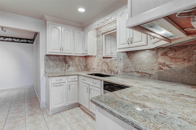 49 Briar Hollow Ln Unit 1801, Houston, TX 77027 - kitchen featuring light tile patterned flooring, white cabinetry, decorative backsplash, dishwasher, and light stone countertops