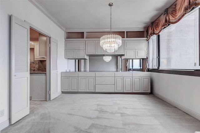 49 Briar Hollow Ln Unit 1801, Houston, TX 77027 - unfurnished dining area featuring a chandelier, light colored carpet, and crown molding