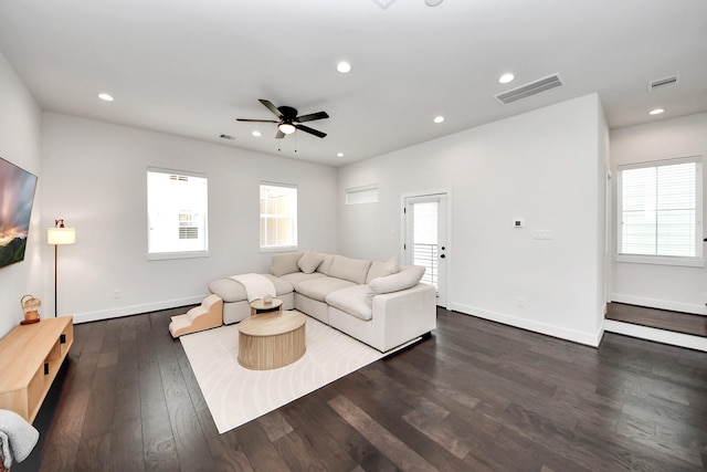 5502 Wheatley St Unit B, Houston, TX 77091 - living room with a ceiling fan, dark wood-style flooring, and recessed lighting