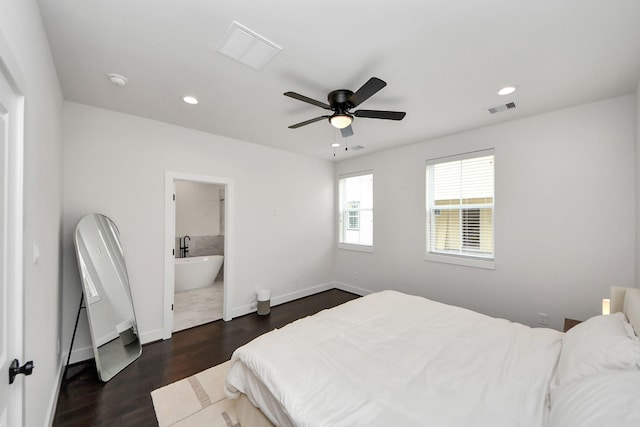 5502 Wheatley St Unit B, Houston, TX 77091 - bedroom with dark wood-style flooring, recessed lighting, ceiling fan, and ensuite bathroom