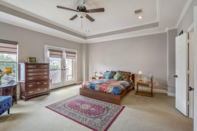 1013 Crocker St, Houston, TX 77019 - carpeted bedroom with a tray ceiling, access to outside, french doors, crown molding, and ceiling fan
