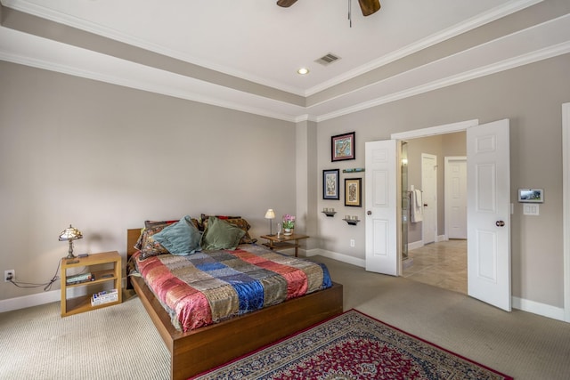 1013 Crocker St, Houston, TX 77019 - bedroom with carpet flooring, crown molding, recessed lighting, and a ceiling fan