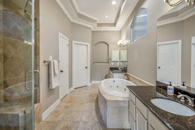1013 Crocker St, Houston, TX 77019 - full bathroom with two vanities, ornamental molding, a whirlpool tub, a shower stall, and a raised ceiling