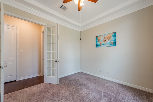 14062 Dunsmore Landing Dr, Houston, TX 77059 - unfurnished room with carpet floors, ceiling fan, french doors, and crown molding