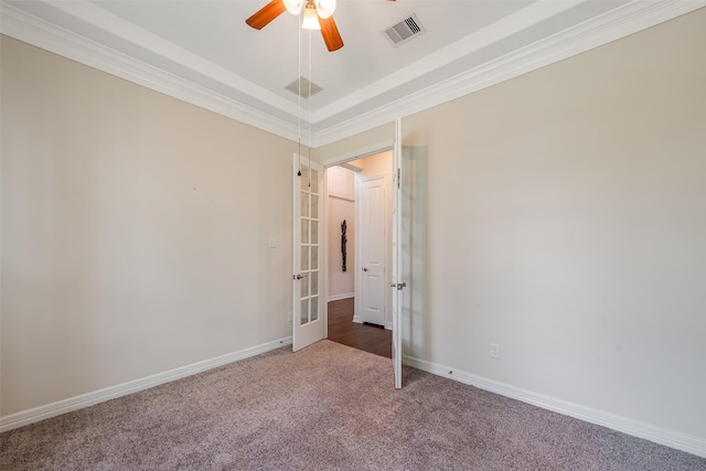 14062 Dunsmore Landing Dr, Houston, TX 77059 - unfurnished room with carpet floors, a ceiling fan, crown molding, french doors, and a tray ceiling