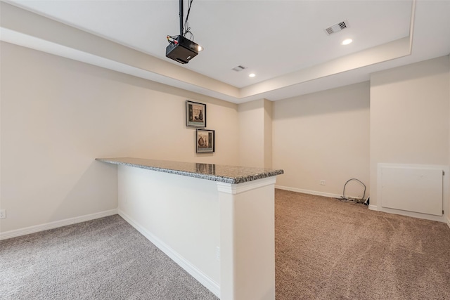 14062 Dunsmore Landing Dr, Houston, TX 77059 - bar area with light colored carpet, a tray ceiling, and recessed lighting