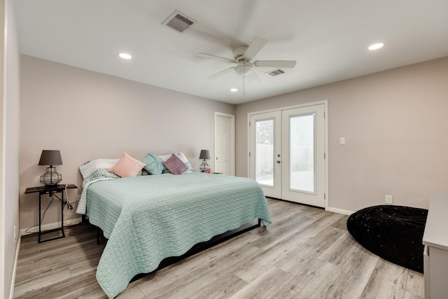107 Sage St, Lake Jackson, TX 77566 - bedroom featuring french doors, access to exterior, light wood-style floors, recessed lighting, and a ceiling fan