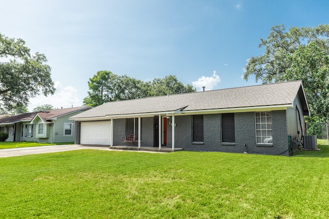 107 Sage St, Lake Jackson, TX 77566 - ranch-style home featuring concrete driveway, an attached garage, a front lawn, roof with shingles, and brick siding