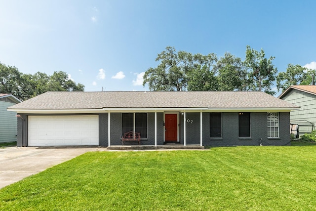 107 Sage St, Lake Jackson, TX 77566 - ranch-style house with a garage, a front lawn, concrete driveway, brick siding, and a porch