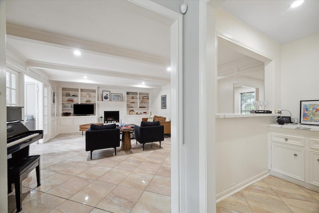 1643 Fall Valley Dr, Houston, TX 77077 - living room featuring built in features, beamed ceiling, recessed lighting, and a fireplace