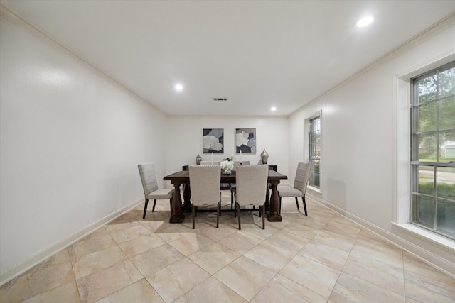 1643 Fall Valley Dr, Houston, TX 77077 - dining space featuring ornamental molding, recessed lighting, and light tile patterned floors