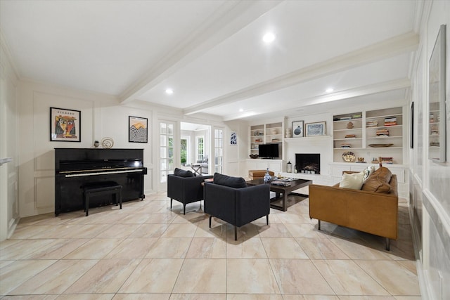 1643 Fall Valley Dr, Houston, TX 77077 - living area with beam ceiling, a fireplace with raised hearth, built in shelves, recessed lighting, and ornamental molding