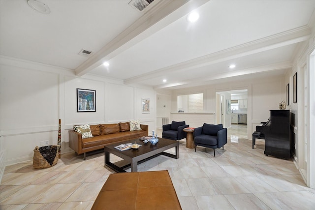 1643 Fall Valley Dr, Houston, TX 77077 - living area featuring a decorative wall, beamed ceiling, and recessed lighting