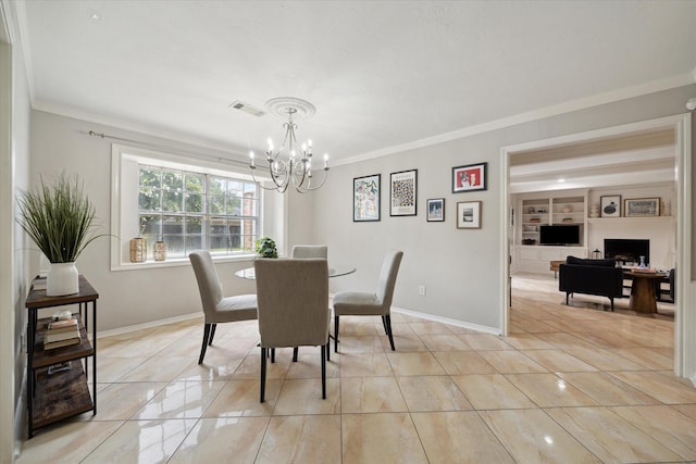 1643 Fall Valley Dr, Houston, TX 77077 - dining room with crown molding, a chandelier, light tile patterned floors, and built in features