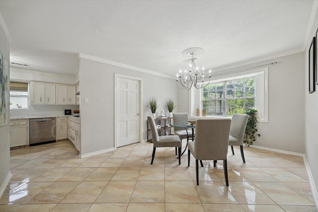 1643 Fall Valley Dr, Houston, TX 77077 - dining area featuring a chandelier, healthy amount of natural light, crown molding, and light tile patterned flooring