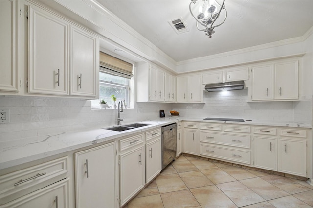 1643 Fall Valley Dr, Houston, TX 77077 - kitchen featuring stainless steel dishwasher, under cabinet range hood, black electric stovetop, crown molding, and decorative backsplash