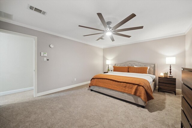 1643 Fall Valley Dr, Houston, TX 77077 - bedroom featuring crown molding, carpet flooring, and ceiling fan