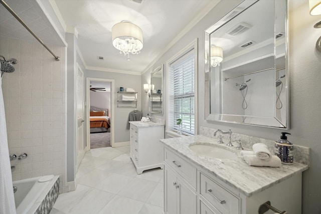 1643 Fall Valley Dr, Houston, TX 77077 - ensuite bathroom with ornamental molding, vanity, tile patterned floors, a chandelier, and tiled shower / bath