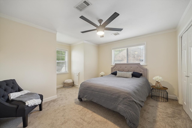 1643 Fall Valley Dr, Houston, TX 77077 - bedroom featuring carpet floors, ornamental molding, a closet, and ceiling fan
