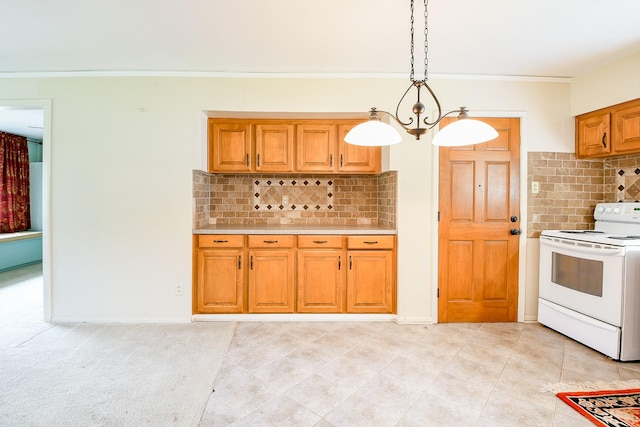 7111 Oak Village Dr, Houston, TX 77396 - kitchen with white electric stove, ornamental molding, backsplash, light countertops, and light tile patterned flooring