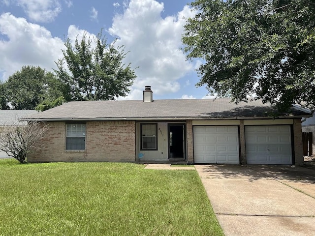 8611 Sherrywood Dr, Houston, TX 77044 - ranch-style house with brick siding, concrete driveway, a garage, a chimney, and a front lawn