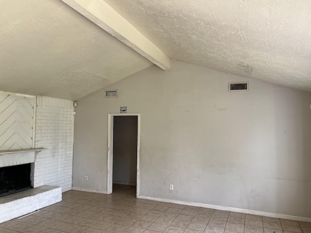 8611 Sherrywood Dr, Houston, TX 77044 - unfurnished living room with a textured ceiling, tile patterned flooring, and a brick fireplace