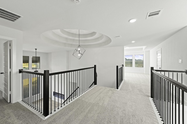 5021 Steady Breeze Dr, Katy, TX 77493 - hallway with an upstairs landing, carpet, a raised ceiling, and recessed lighting