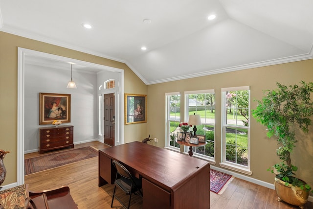 21403 Wild Jasmine Ln, Katy, TX 77450 - office space featuring vaulted ceiling, light wood-type flooring, ornamental molding, and recessed lighting
