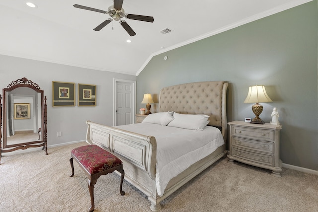 21403 Wild Jasmine Ln, Katy, TX 77450 - bedroom with crown molding, lofted ceiling, light carpet, a ceiling fan, and recessed lighting