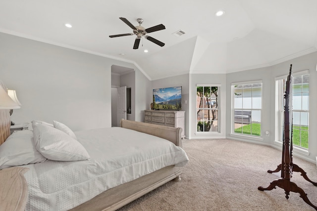21403 Wild Jasmine Ln, Katy, TX 77450 - bedroom with carpet flooring, crown molding, lofted ceiling, recessed lighting, and a ceiling fan