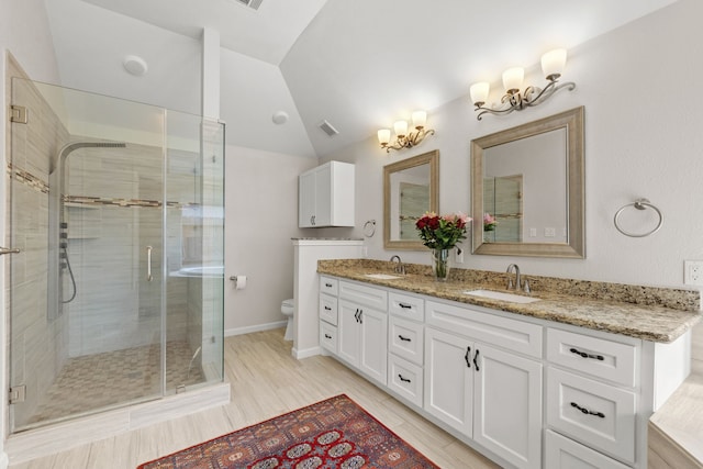 21403 Wild Jasmine Ln, Katy, TX 77450 - full bath with double vanity, vaulted ceiling, and a shower stall